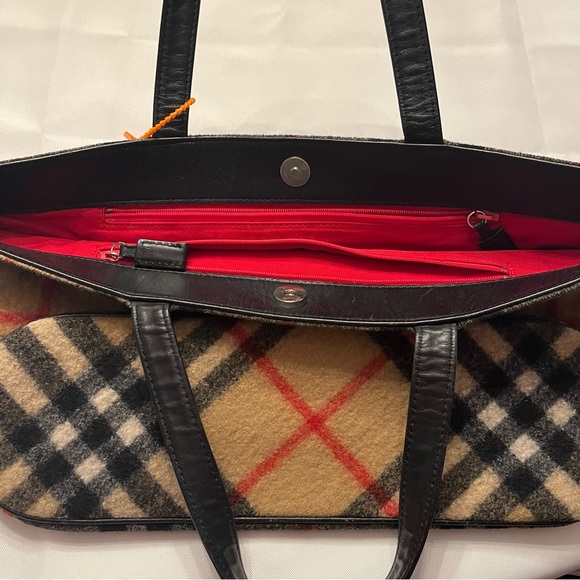 Burberrys Blue Label Wool Nova Check Tote VINTAGE Burberry Leather Trim - Picture 4 of 16
